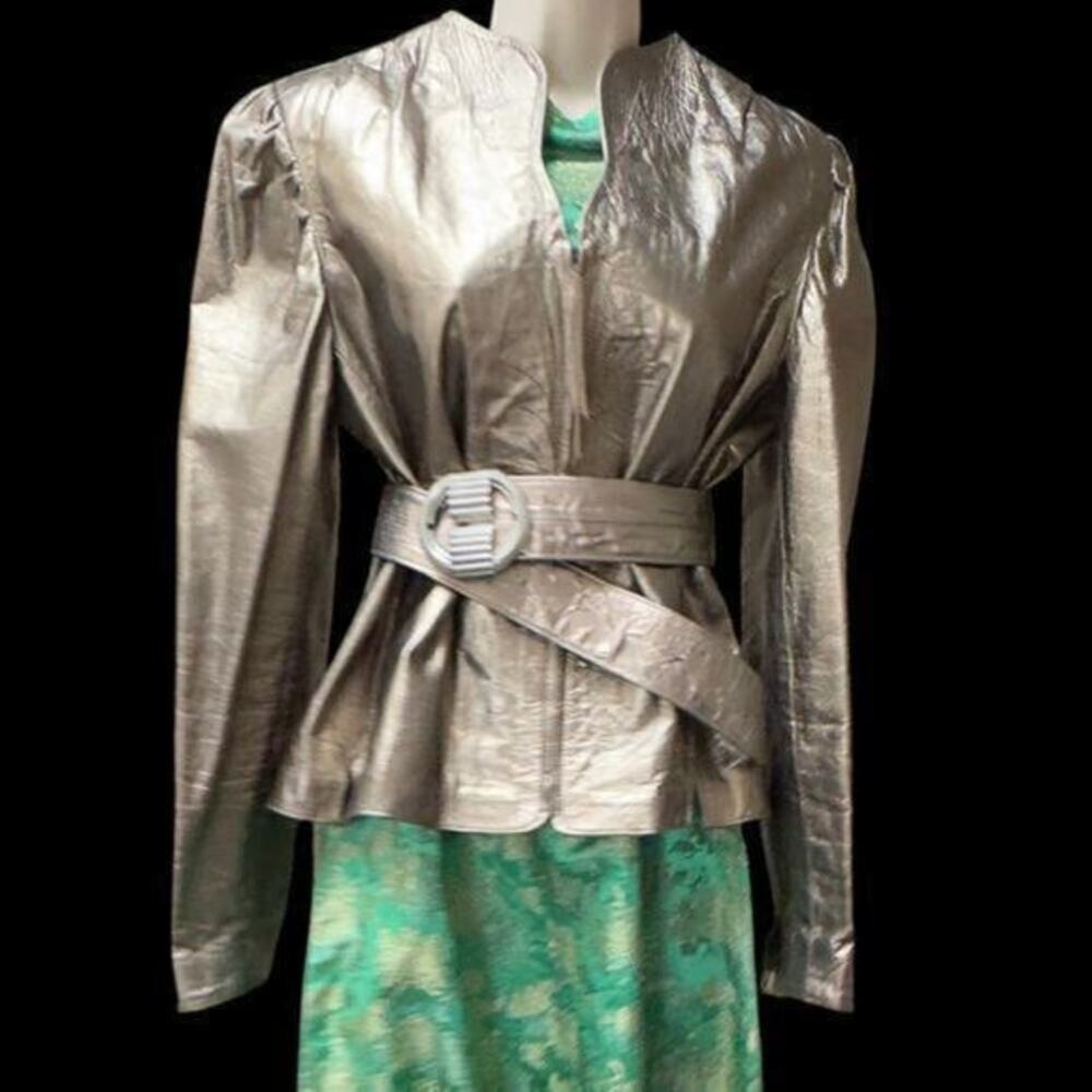 Fahrenheit NYC 1980’s Cropped Leather Metallic Gold Jacket w/ Belt Pewter Buckle